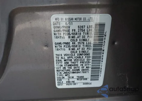 2011 Nissan Murano S из США, поврежденный, VIN JN8AZ1MWXBW178971